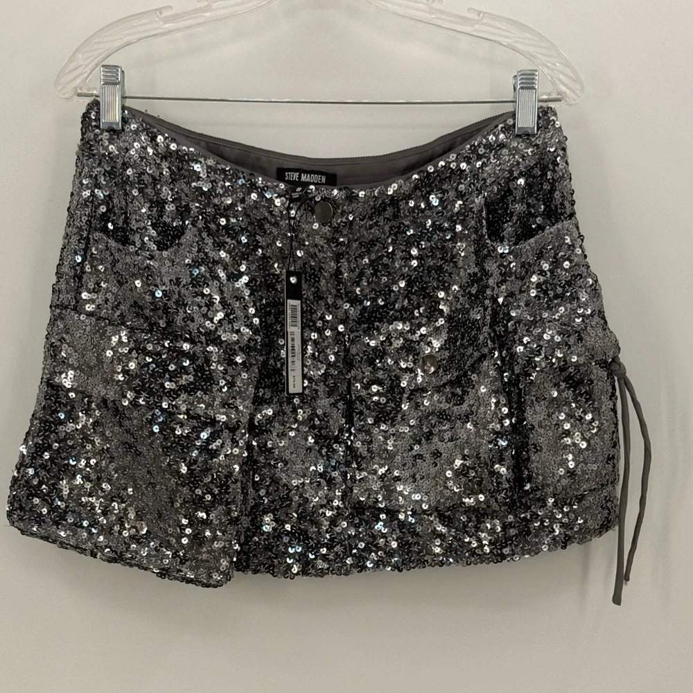 Steve Madden Evalina Sequin Mesh Cargo Miniskirt Size 8